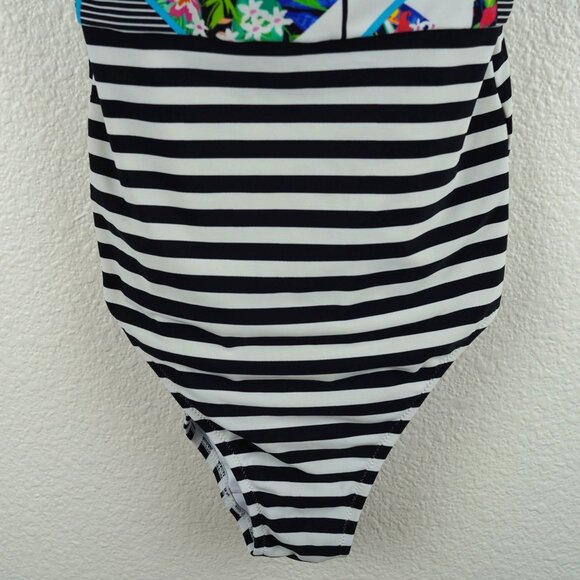 Figleaves 32E One-Piece Swimsuit  Stripe & Floral Print Underwire Back Cutout - Picture 3 of 9